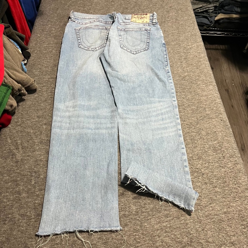 True Religion Geno Relaxed Slim Jeans Light Wash Raw Hem Contrast Stitch Mens 31
